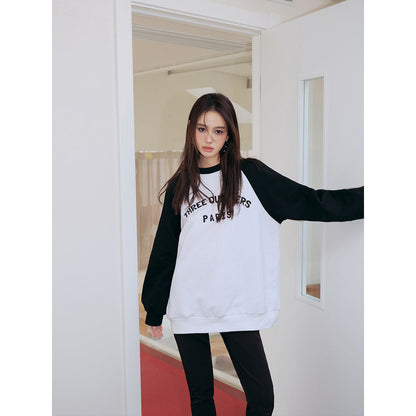 Three Quarters Rhinestone Printed Crew Neck Sweater Black