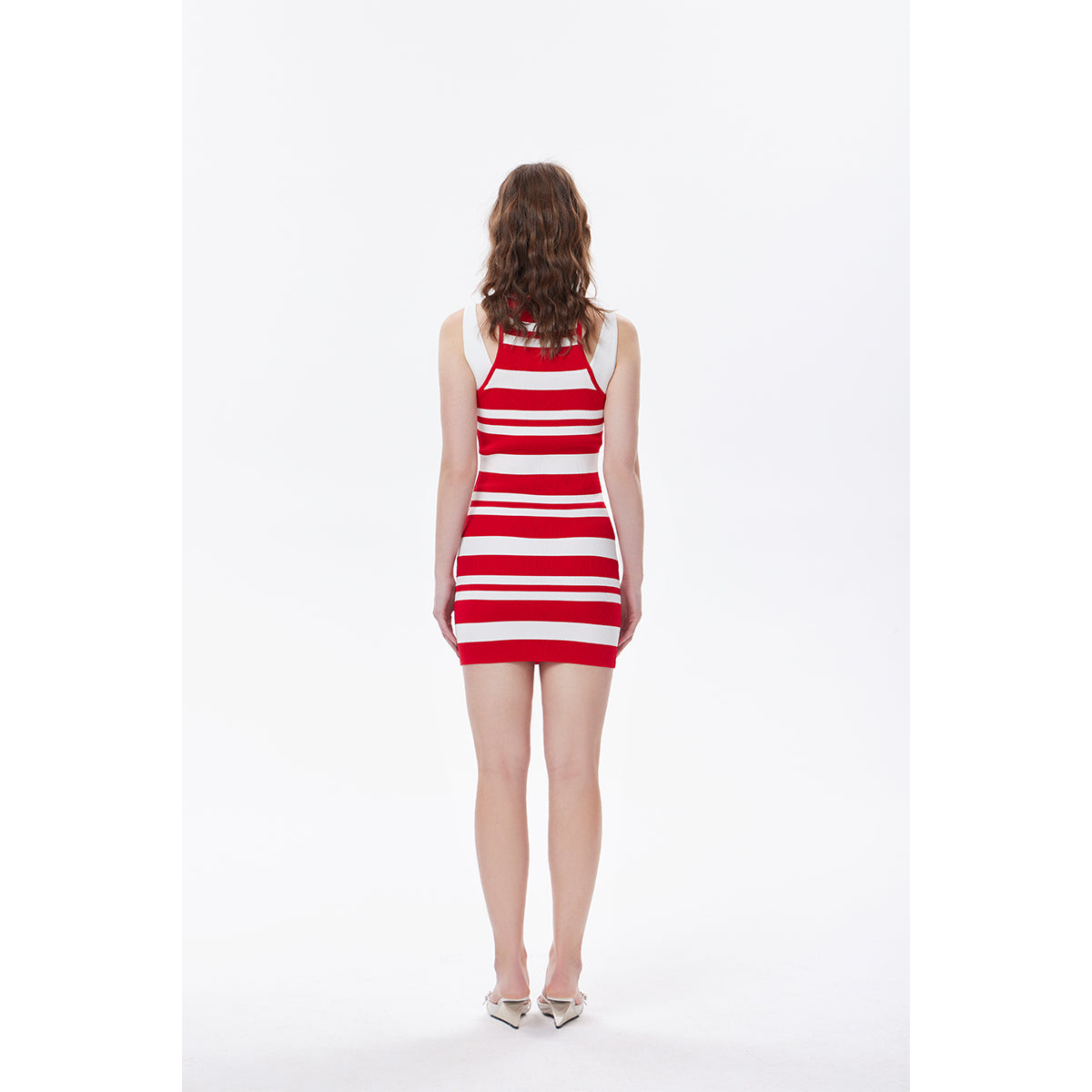 Three Quarters Striped Sleeveless Knit Long Dress Red