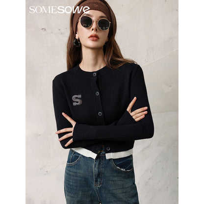 SomeSowe Color Blocked Logo Embroidery Cardigan Black