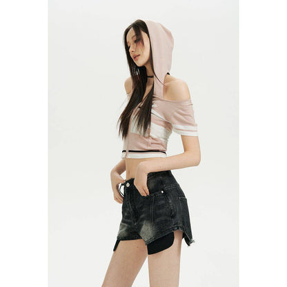 Via Pitti Color Blocked Short Sleeve Hooded Top Pink