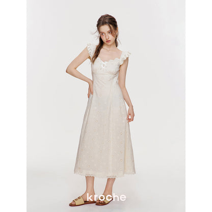 Kroche Hollow Out Embroidered Lace Long Dress Beige