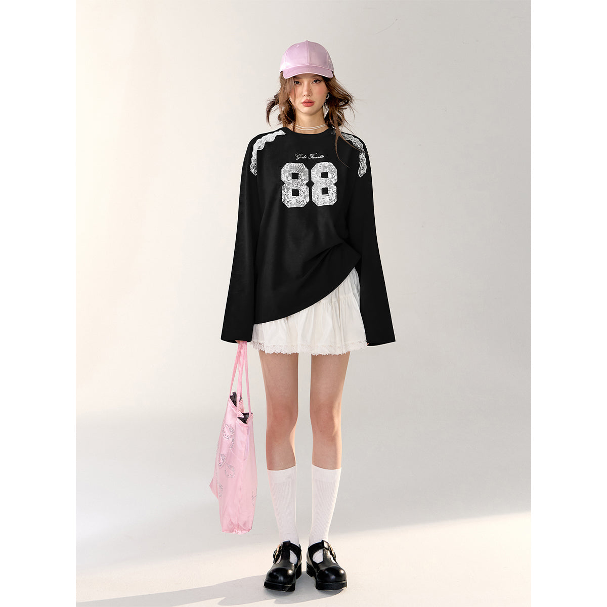 AsGony Retro Lace Patchwork L/S T-Shirt Black