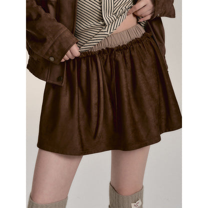 Via Pitti Fake-2-Piece Suede Short Skirt Brown