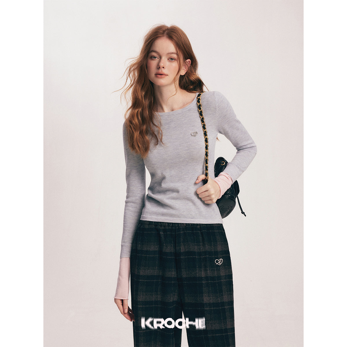 Kroche Color Blocked Cuff Woolen Knit Top Grey