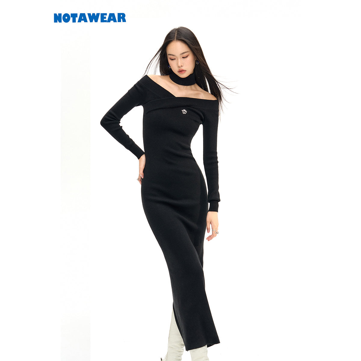 NotAwear Logo Embroidery Woolen Knit Off-Shoulder Dress