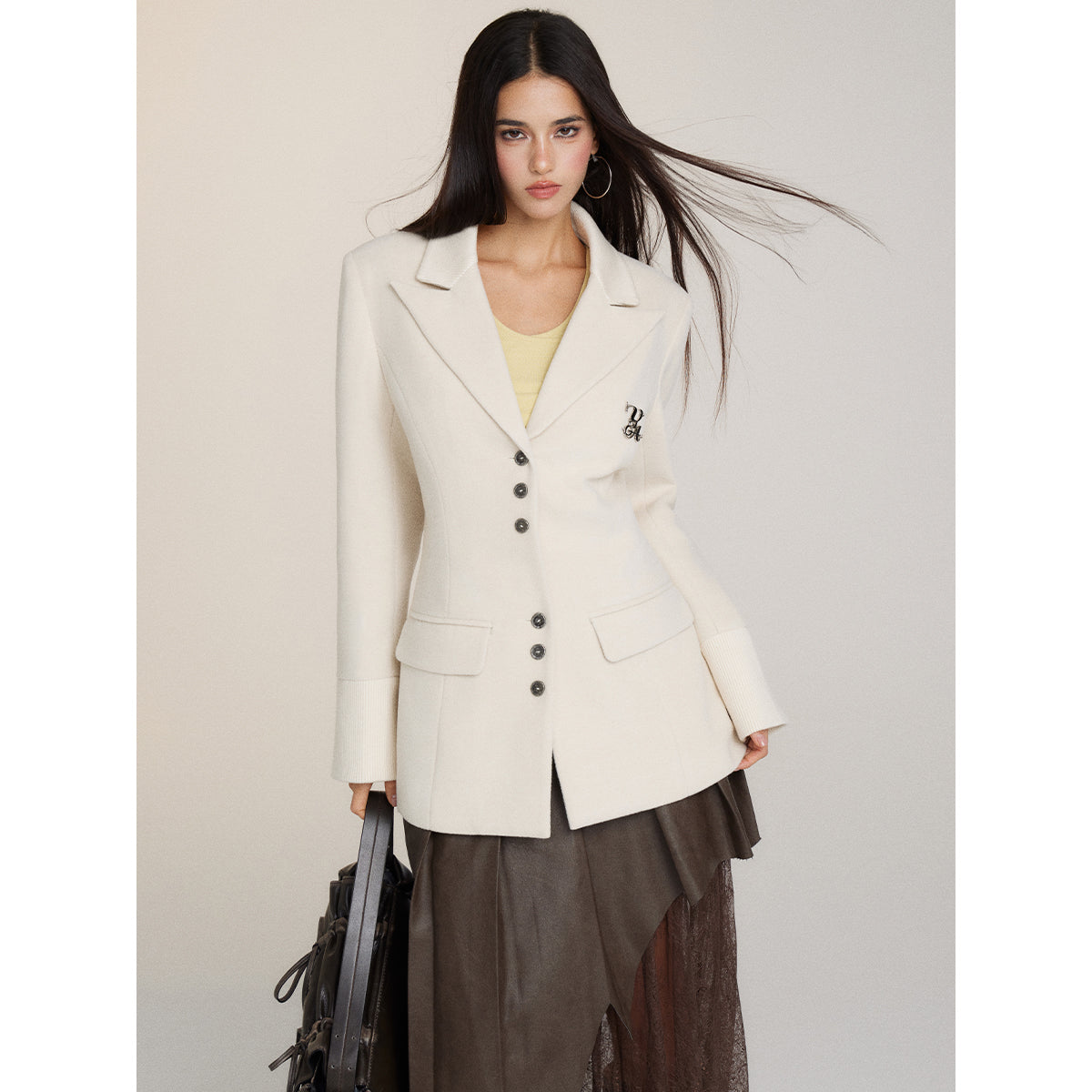 Via Pitti Heavy Patchwork Waisting Mid-Length Coat Beige