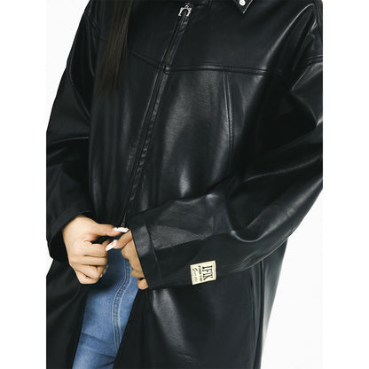 IFIK Oversized Zipper Leather Hooded Coat Black