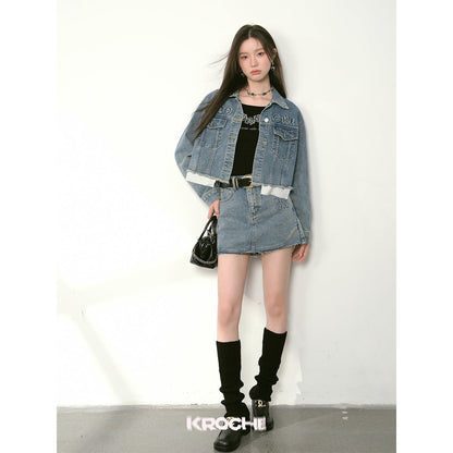 Kroche Destroy Logo Embroidery Short Denim Jacket Blue