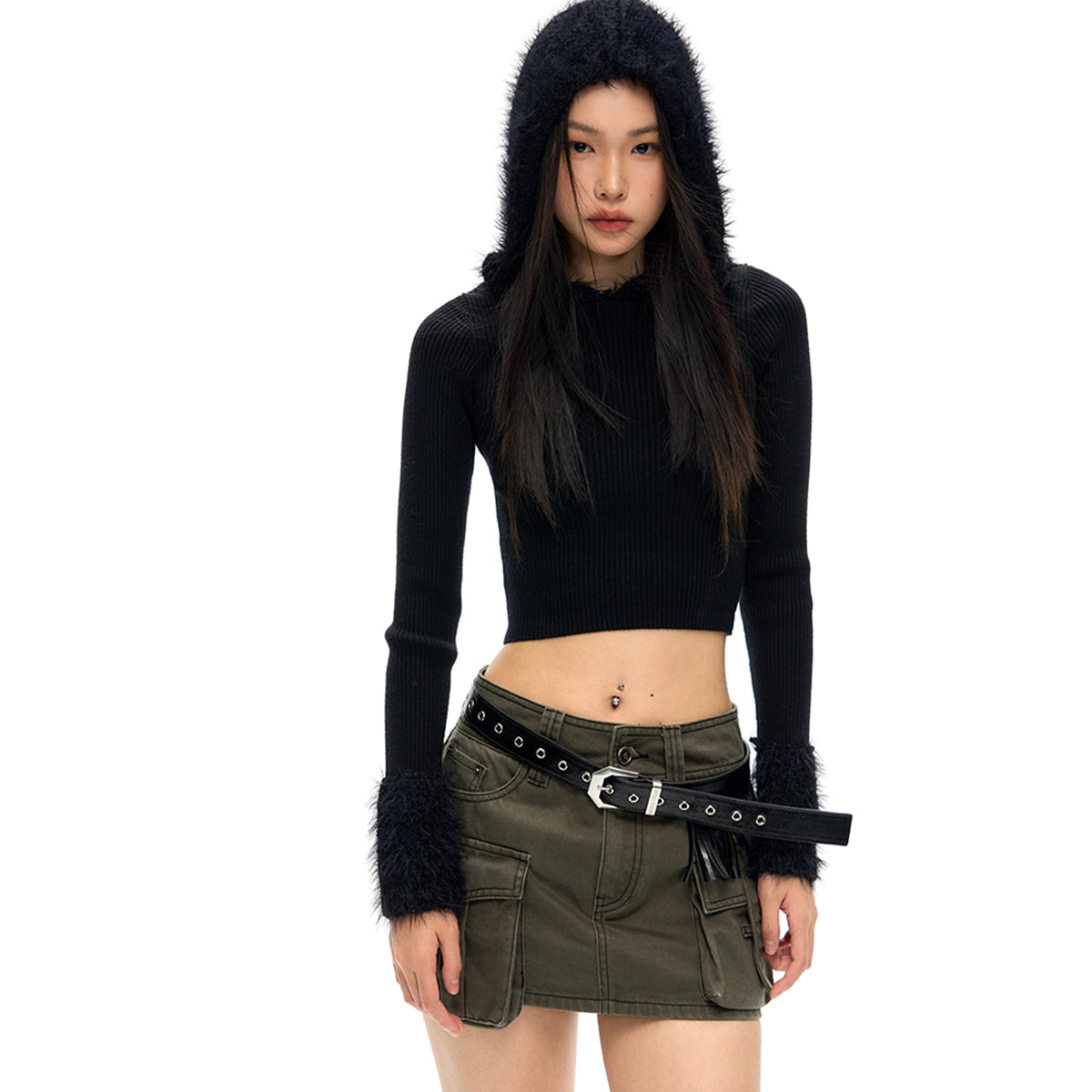 NotAwear Eco-Friendly Mink Hair Knit Hooded Top Black