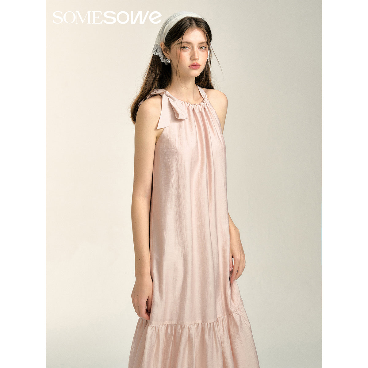 SomeSowe Bow Lace Up Halter Long Dress Pink