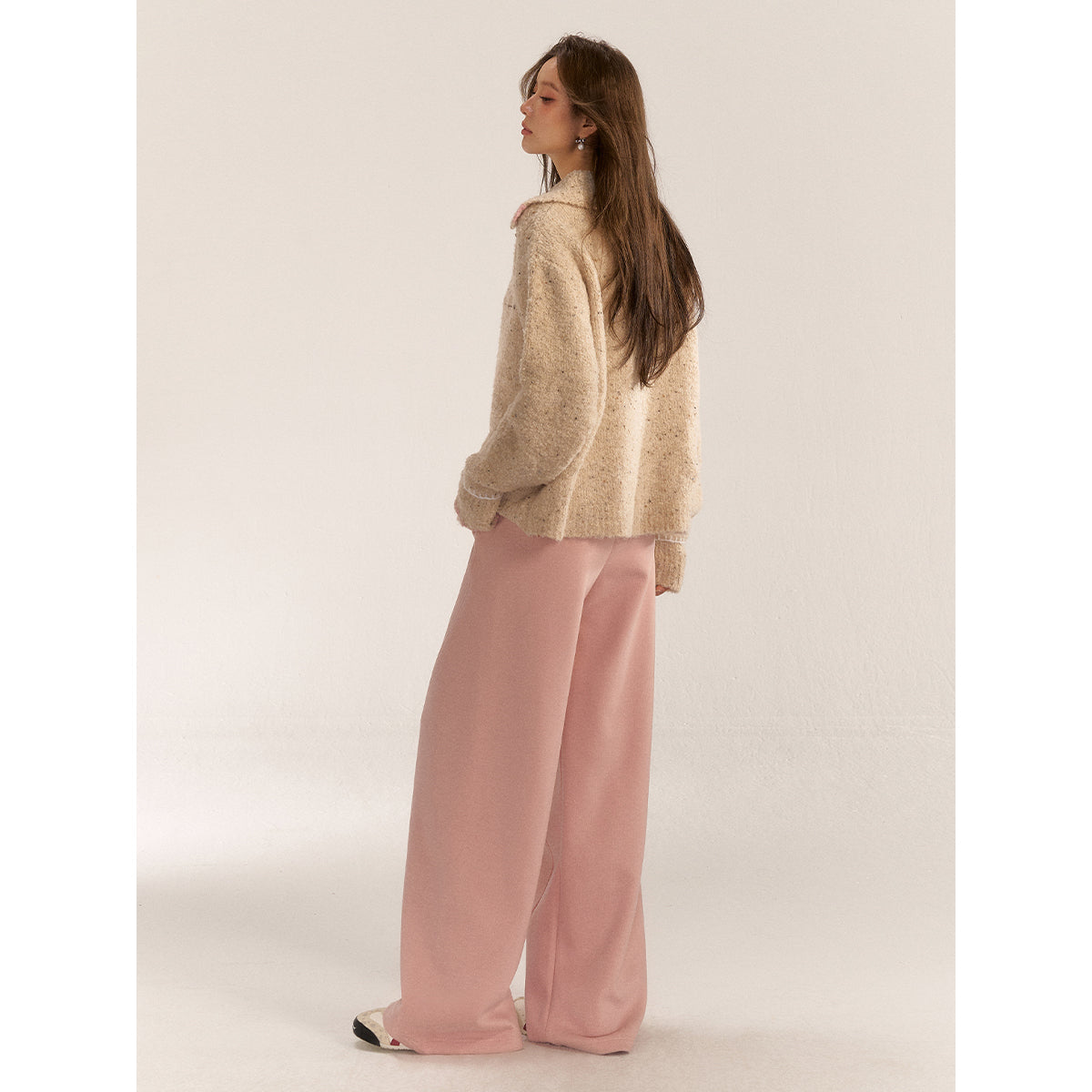 AsGony Contrast Color Elastic-Waist Casual Pants Pink