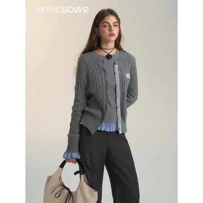 SomeSowe Lace Patchwork Twist Knit Cardigan Gray