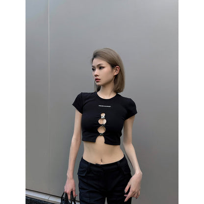 Weird Market Metal Logo Hollow-Out Knit Crop Top Black