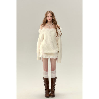 Via Pitti Off Shoulder Fur Integrated Knit Sweater White