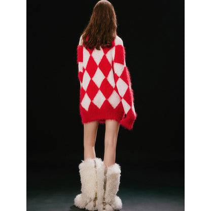 Jac Fleurant Color Blocked Checkered Knit Sweater Red