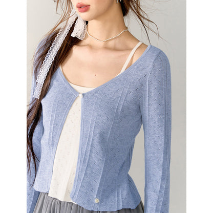 AsGony Contrast Color Fake-2-Piece Slim Cardigan Blue