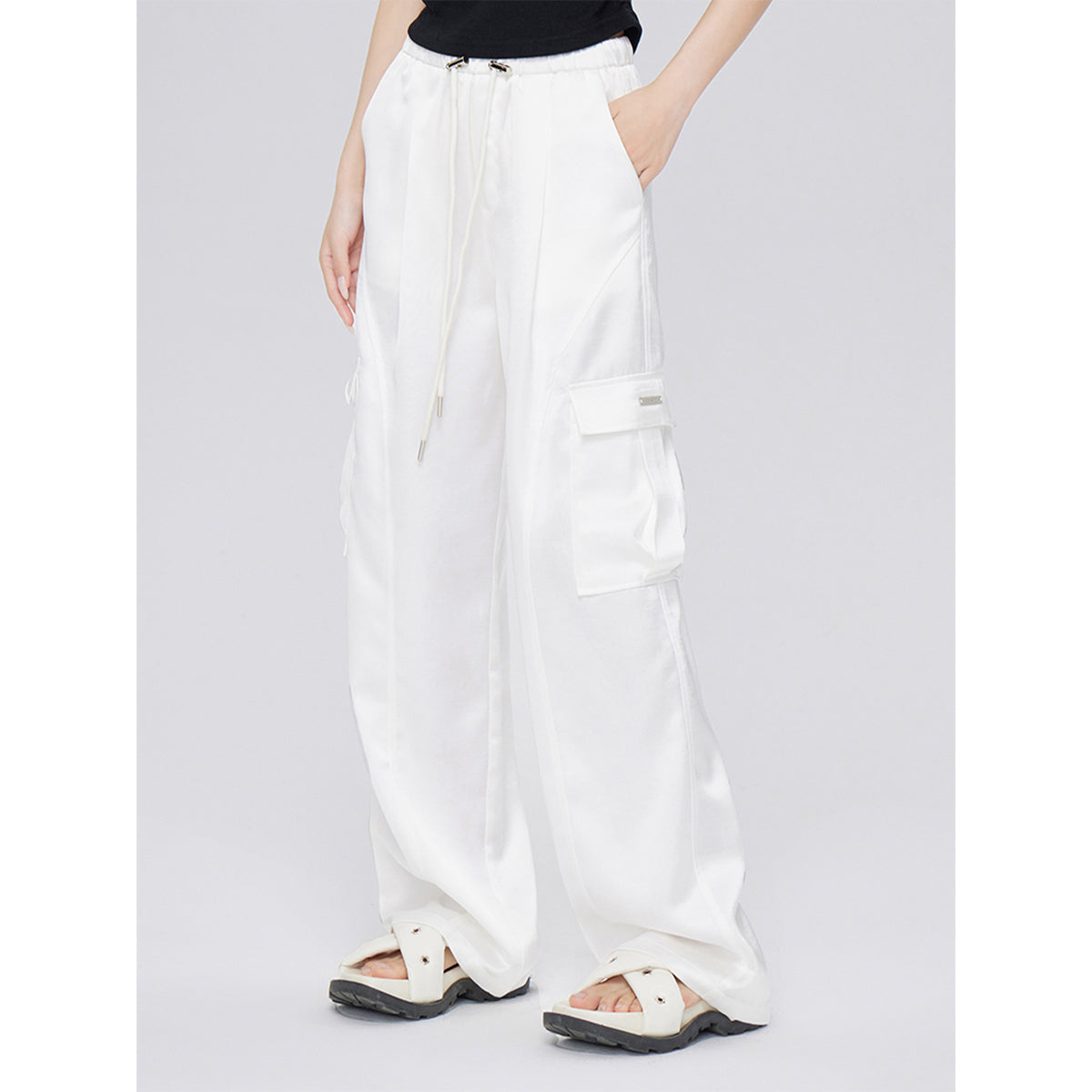 MacyMccoy Satin Draped Wide-Leg Cargo Pants White