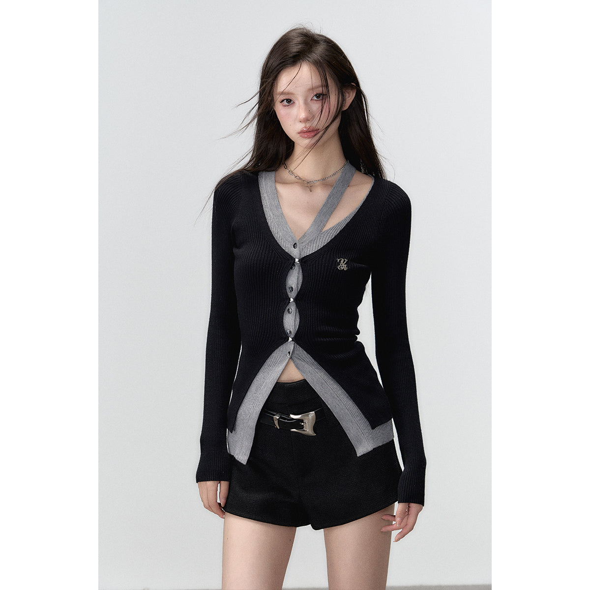 Via Pitti Fake-2-Piece Hollow Out Short Knit Cardigan Black