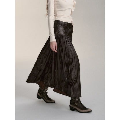 Via Pitti Rivet PU Leather Pleated Long Skirt Brown