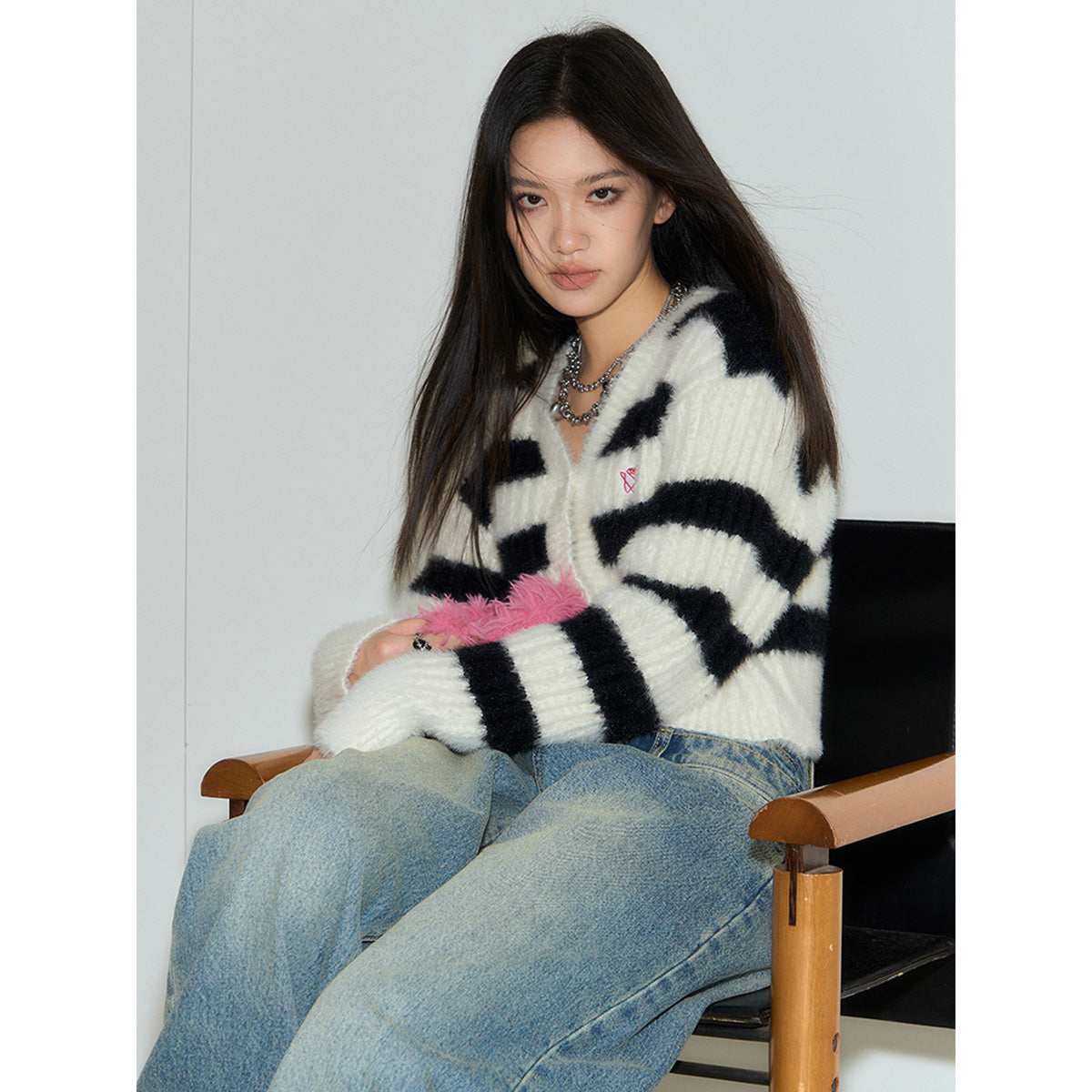 NotAwear Color Blocked Striped Knit Cardigan Black