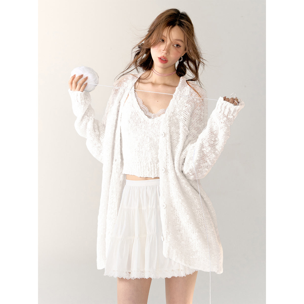 AsGony Lace Patchwork Knit Cardigan White