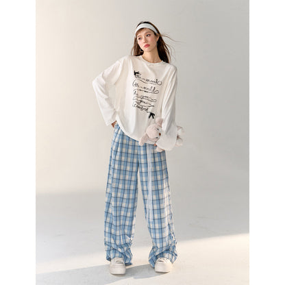 AsGony Lace Edge Plaid Casual Straight-Leg Pants Blue