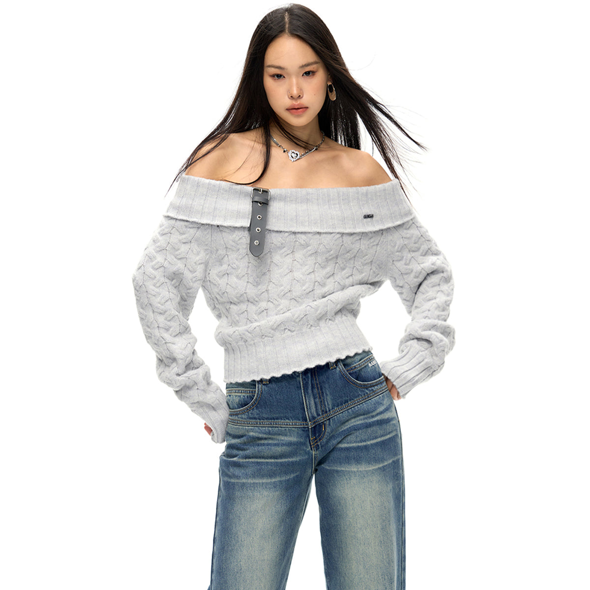 NotAwear Detachable Belt Off-Shoulder Knit Top Grey