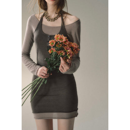 Via Pitti Color Blocked Halterneck Knit Dress Grey