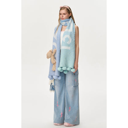 13De Marzo Plush Bear Gradient Knit Scarf Blue