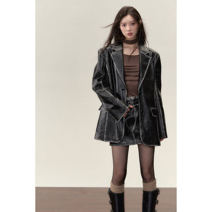 Via Pitti Distressed Heavy Washed Leather Skirt Black