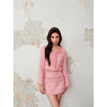 Rocha Roma Beaded Tweed Short Skirt Pink