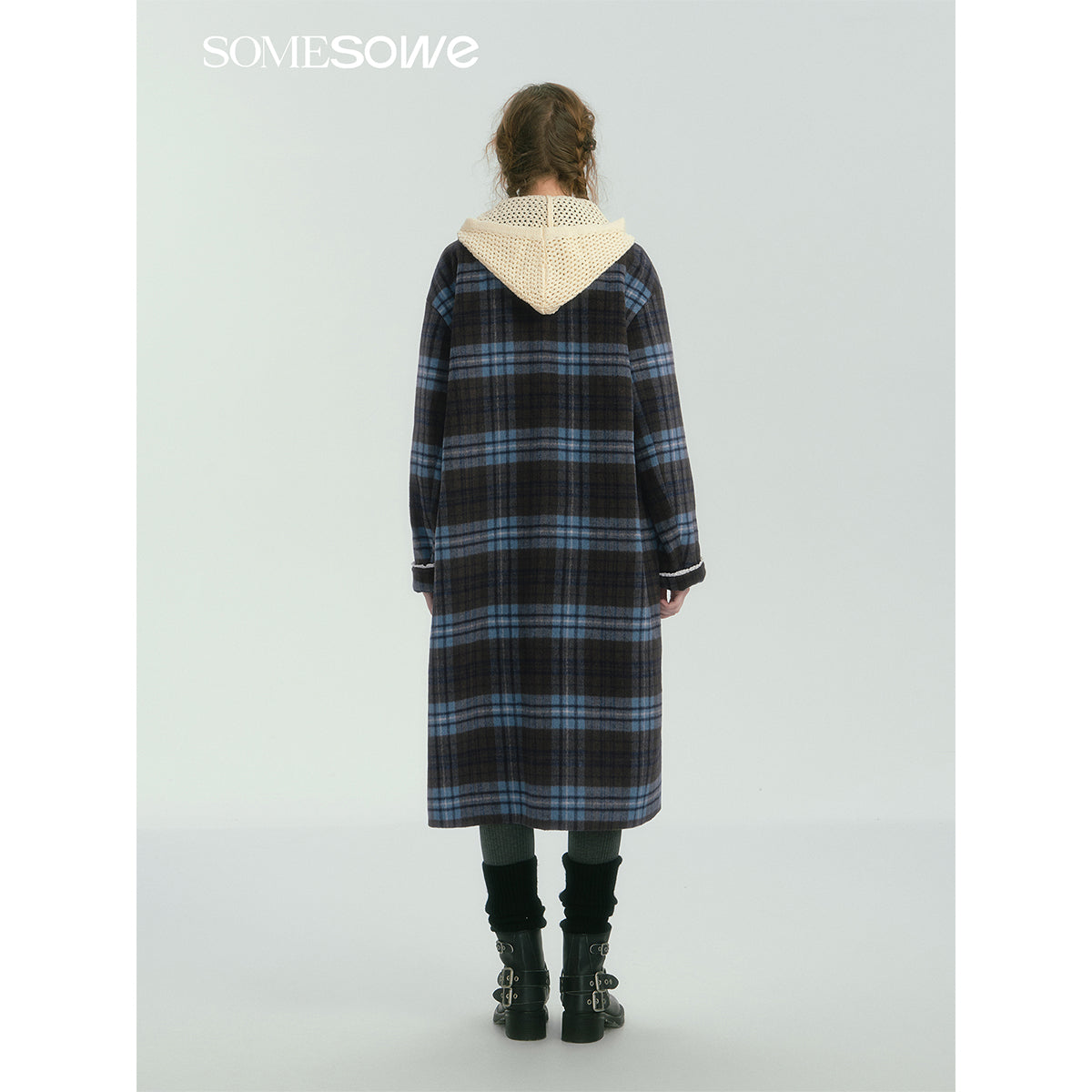 SomeSowe Contrast Color Plaid Tweed Long Coat