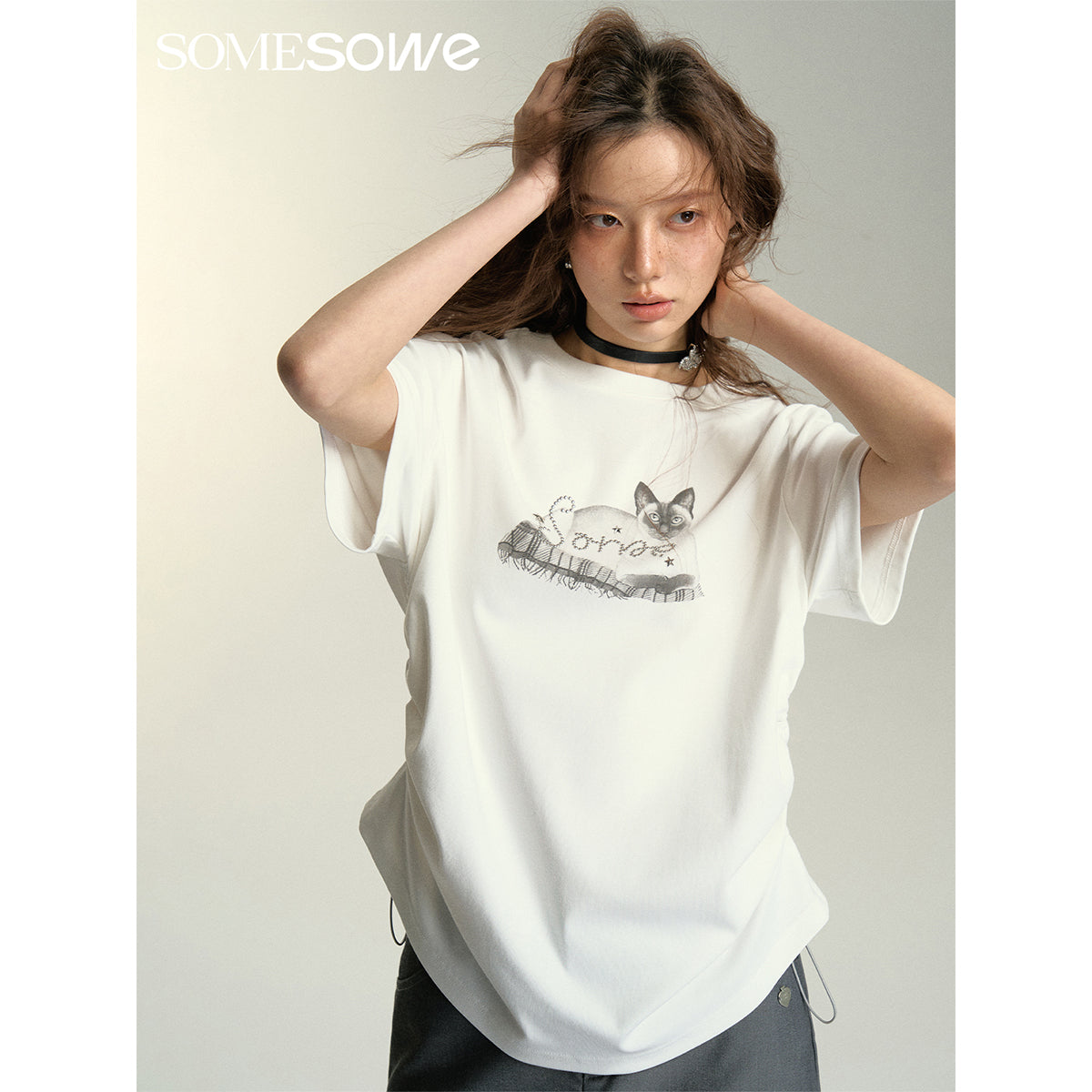 SomeSowe Lazy Cat Drawstring Loose T-Shirt White