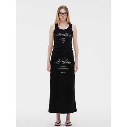 ODTD Printed Slogan Drawstring Maxi Skirt Black