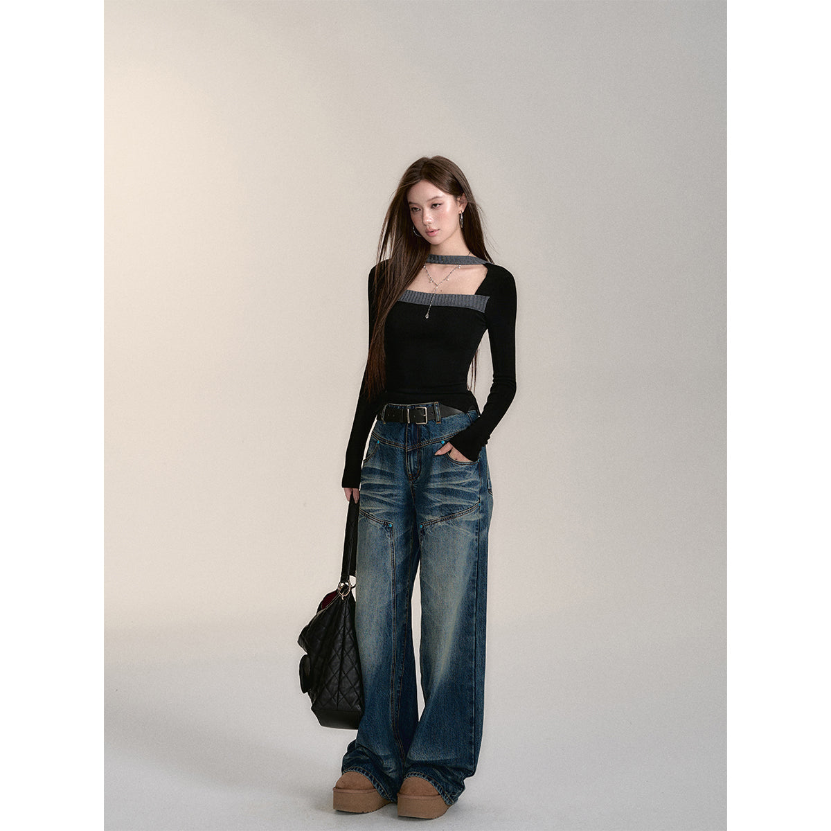 Via Pitti Rivet Wide-Leg Washed Denim Pants Blue