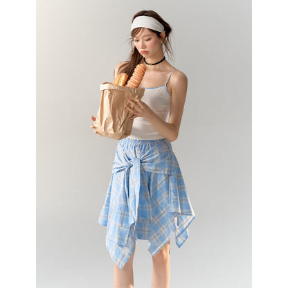 AsGony Irregular Bow Tie Plaid Skirt Blue