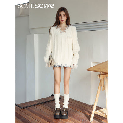 SomeSowe Destroy Faux Mink V-Neck Sweater White