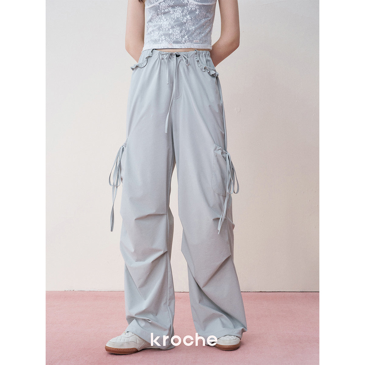 Kroche Lace Patchwork Bow Lace Up Cargo Pants Blue