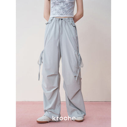 Kroche Lace Patchwork Bow Lace Up Cargo Pants Blue