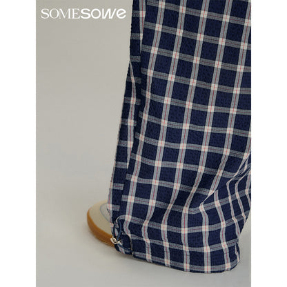 SomeSowe Drawstring Plaid Wide-Leg Pants Blue