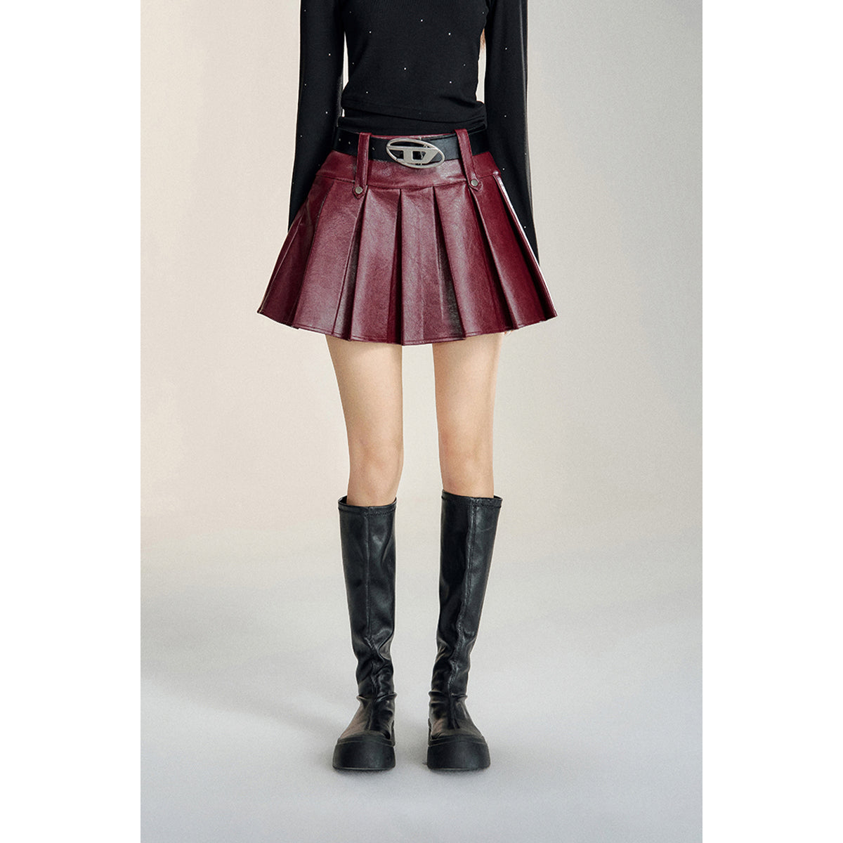 MacyMccoy Retro A-Line Pleated Leather Skirt Red