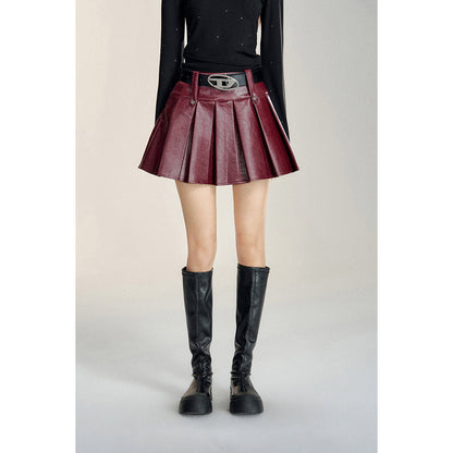 MacyMccoy Retro A-Line Pleated Leather Skirt Red