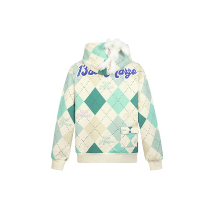 13De Marzo Plush Bunny Vintage Diamond Pattern Hoodie