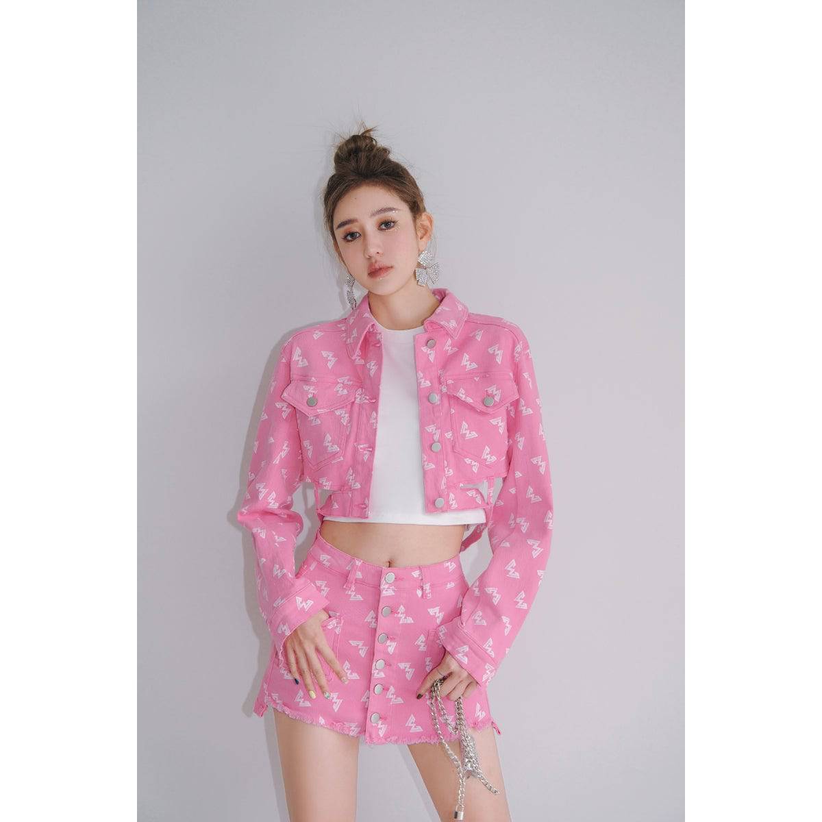 West.Y Button Up Full Print Logo Denim Skirt Pink