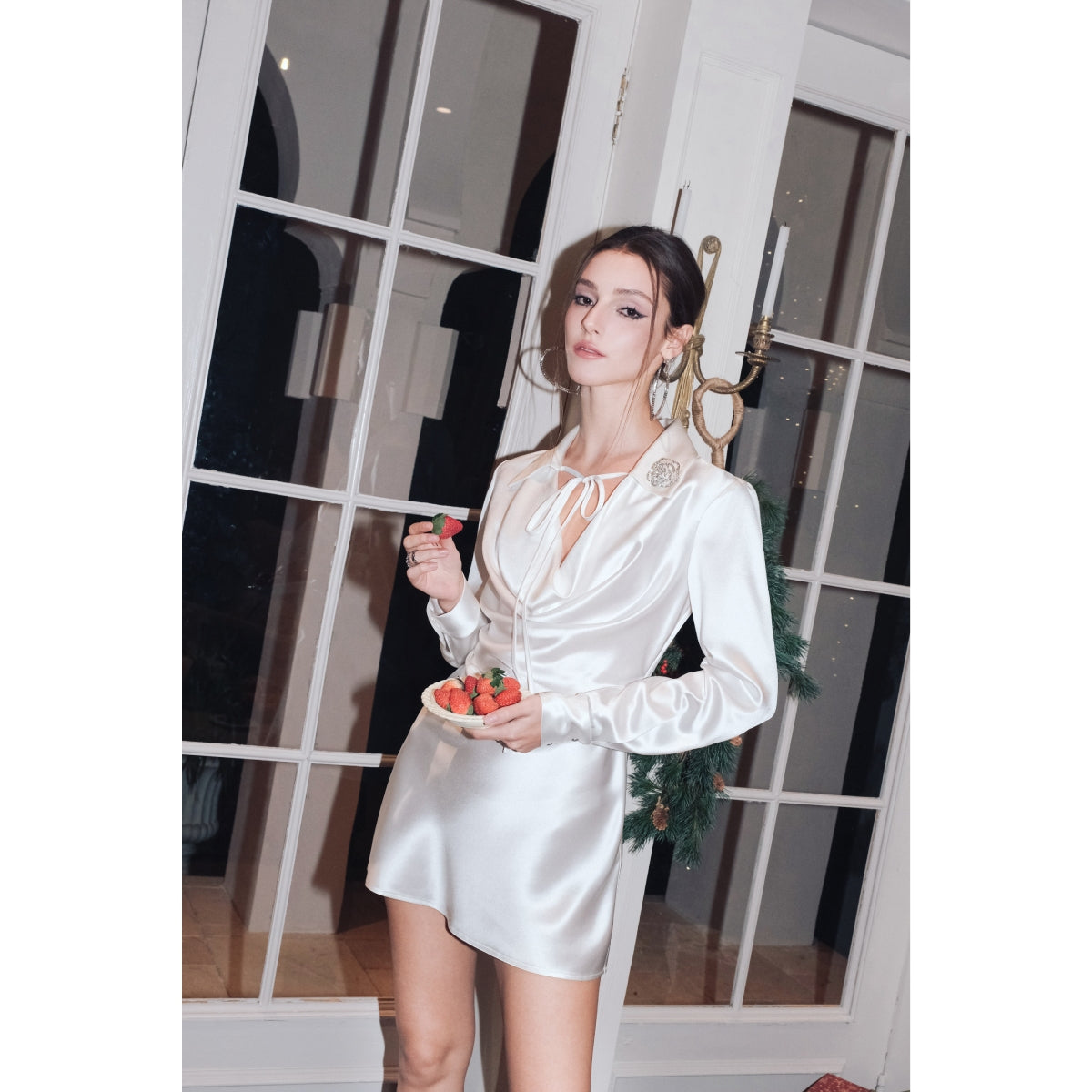 Diana Vevina Acetate Rose Brooch Satin Dress White