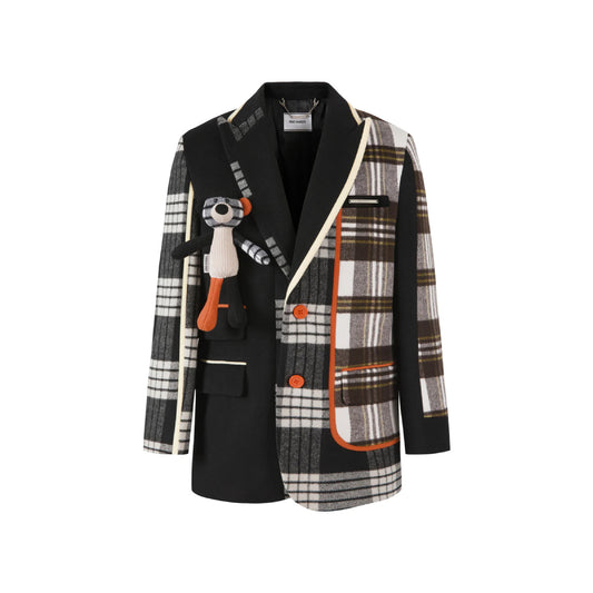 13De Marzo Retro Bear Plaid Patch Suit Jacket