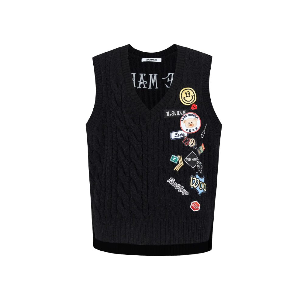 13De Marzo Plush Bear Badges Knit Vest Black