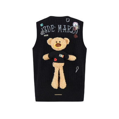 13De Marzo Plush Bear Badges Knit Vest Black