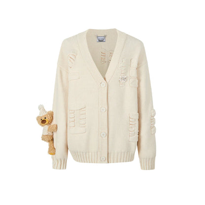 13De Marzo Plush Bear Jacquard Letter Knit Cardigan Cream