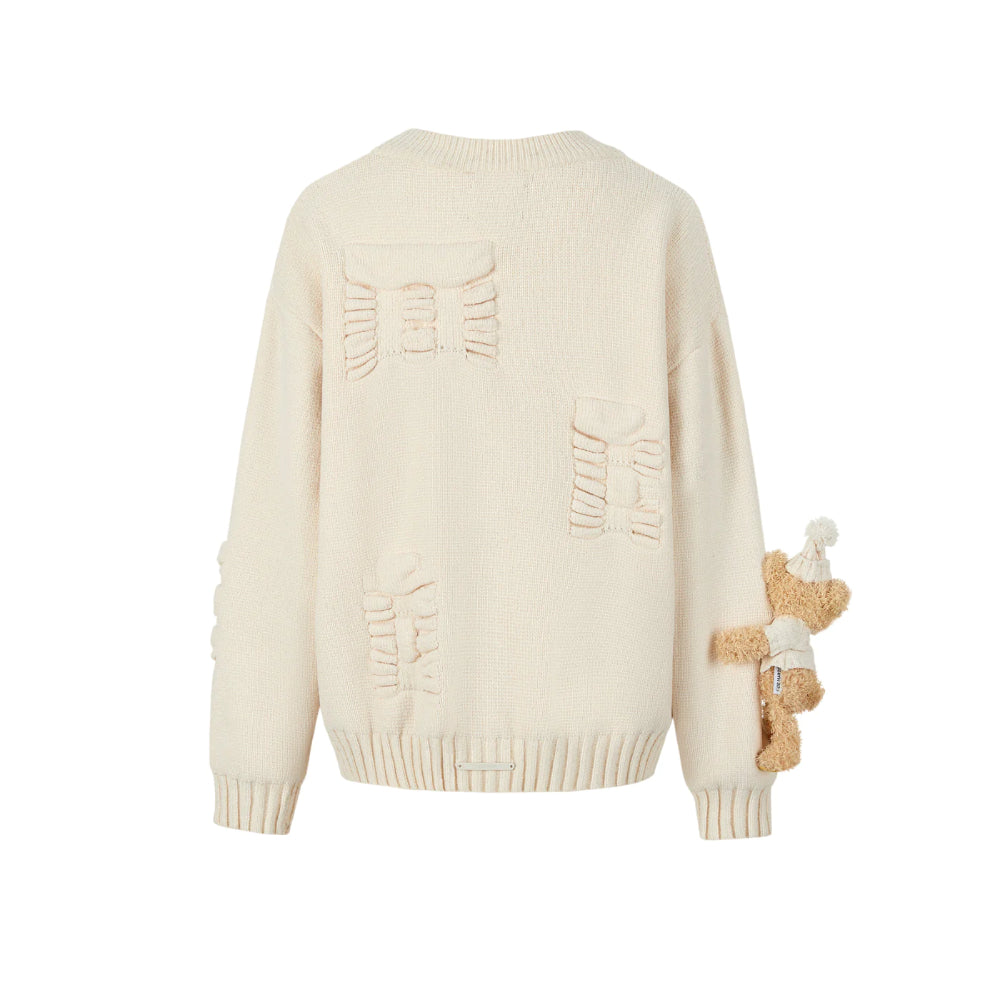 13De Marzo Plush Bear Jacquard Letter Knit Cardigan Cream